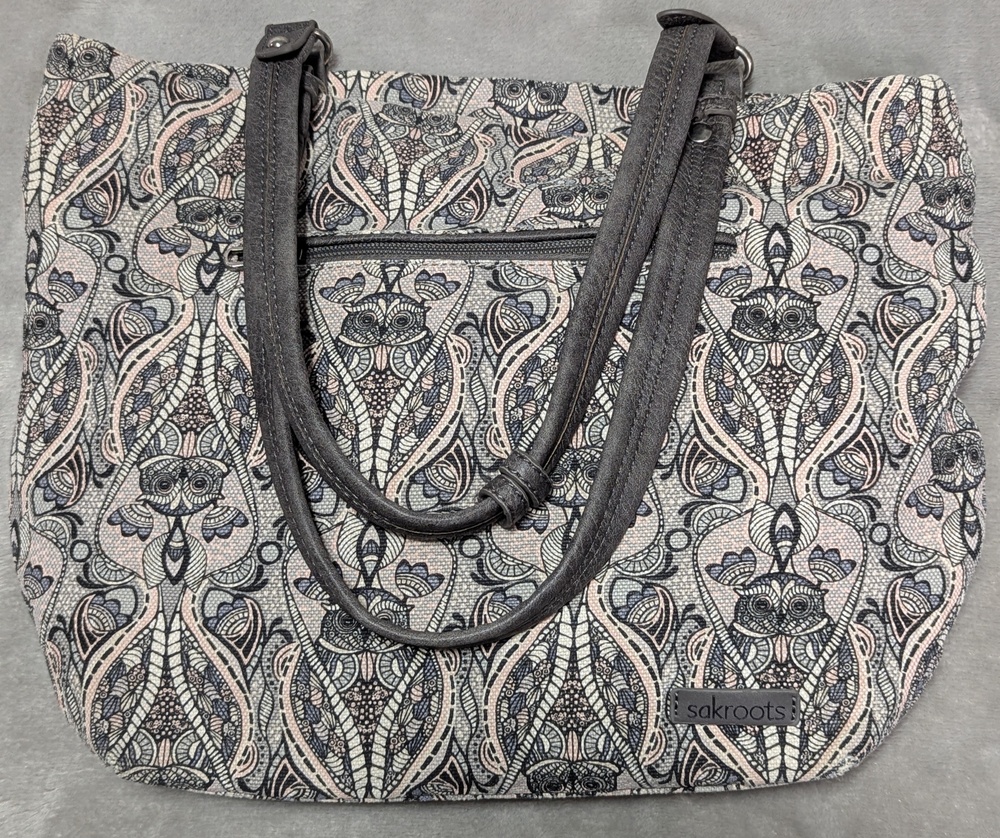 Sakroots Asbury Tote Bag Gray OwlCanvas Shoulder Purse Zip Top Boho hippi